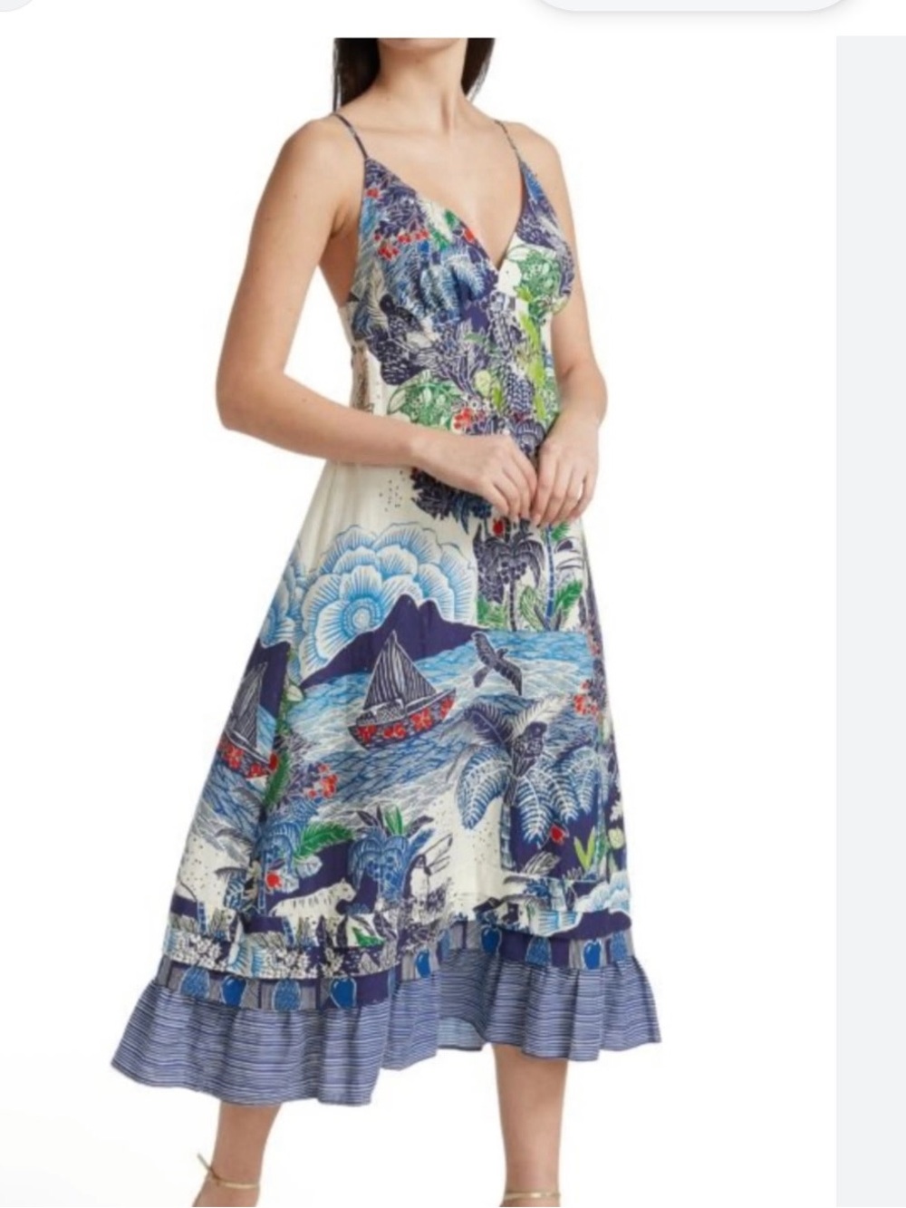 FARM Rio Blue and Cream V-Neck Midi Dress with Nautical Floral Print